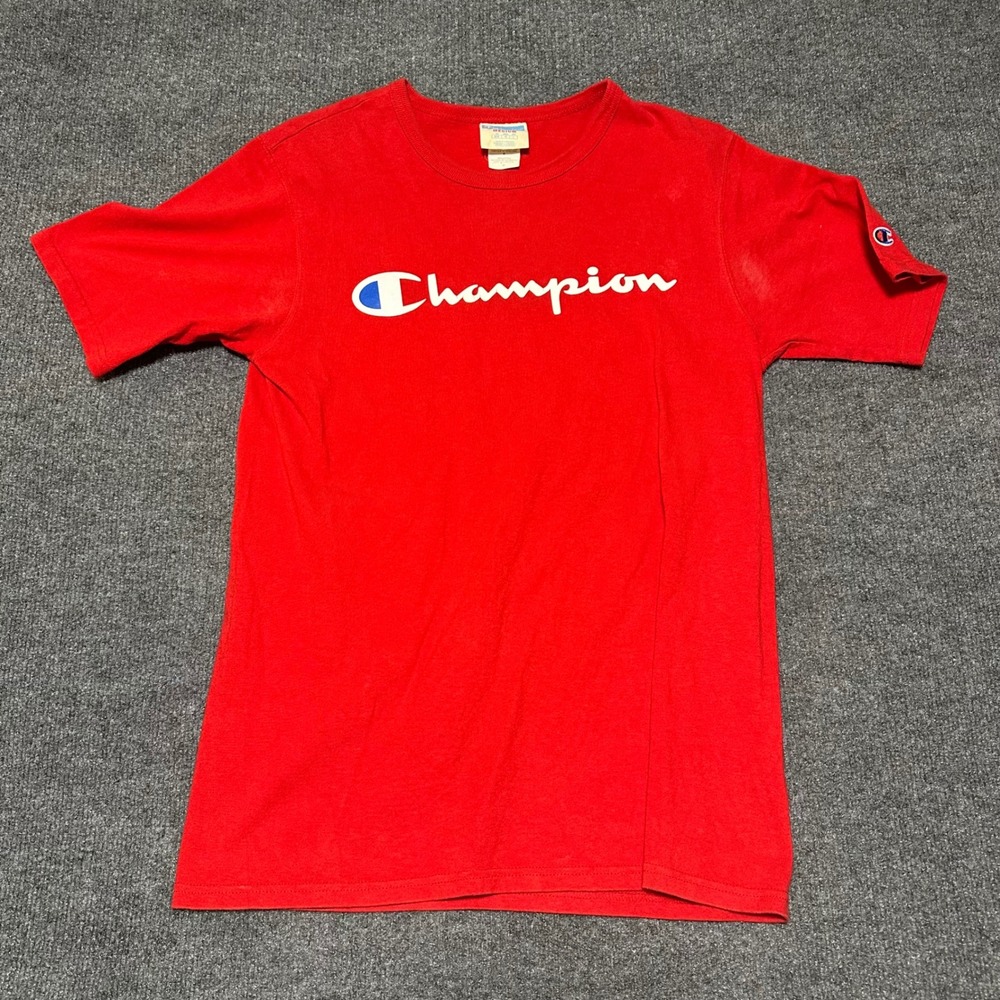 Champion Mens Script Logo‎ T-Shirt Red Short Sleeve Cotton Tee GT19 Medium